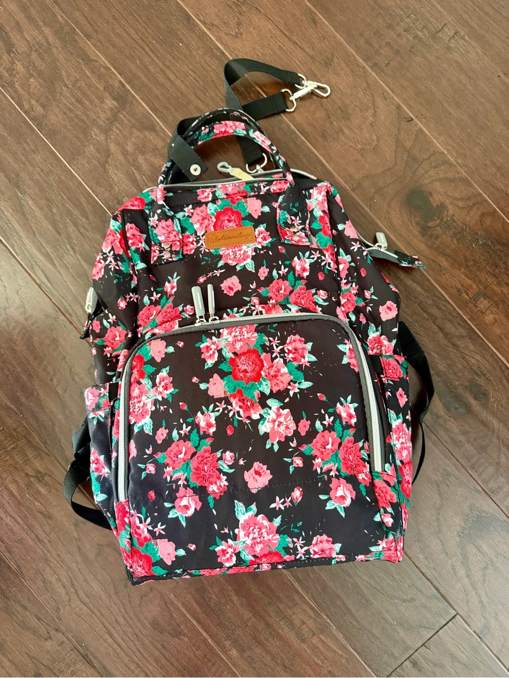 Diaper Bag  Floral Backpack Tote - Pink & Green Flowers on Black